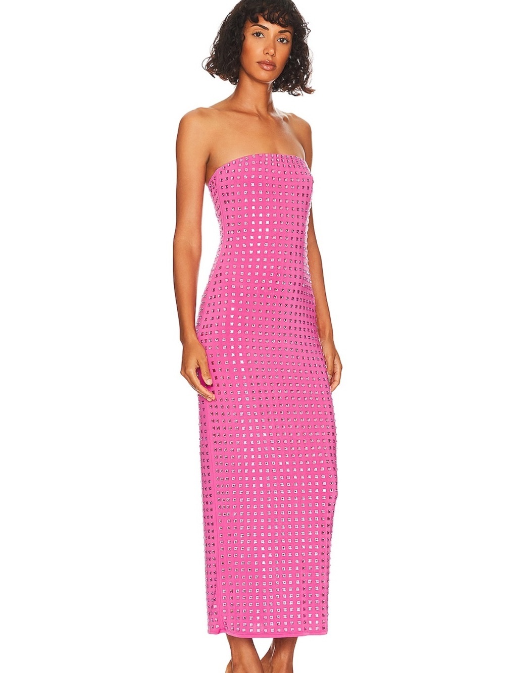 nbd james pink crystal studded midi dress